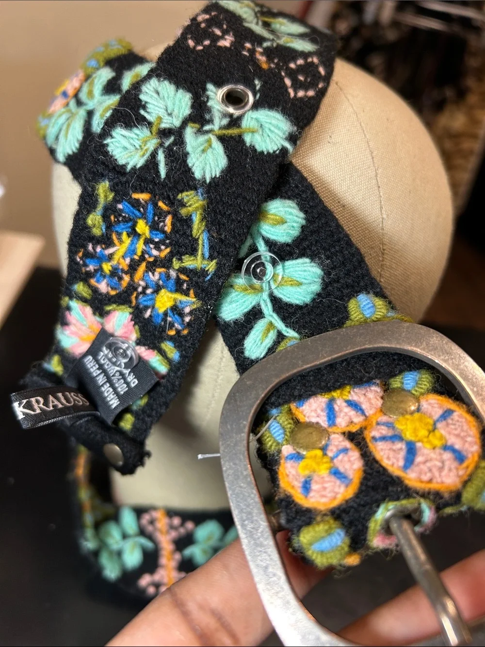 Jenny Kraus Black Embroidered 100% Wool Floral Belt - Mint & Pink Accents NWOTs - Picture 6 of 6
